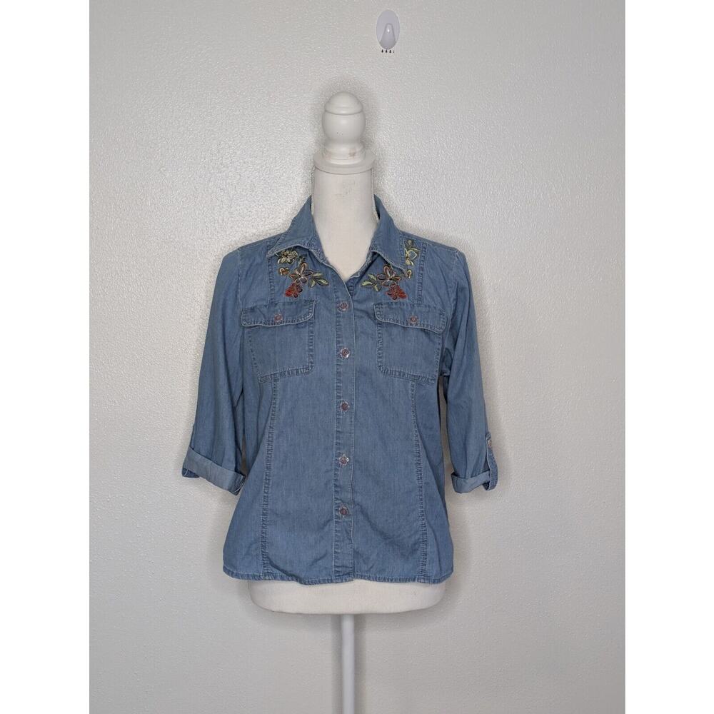 Christopher & Banks Blue Cotton Denim Embroidered Flower Shirt Size Small